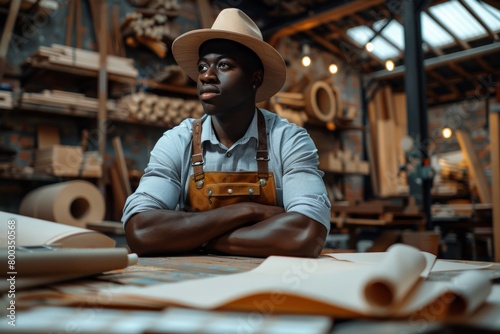 African American craftsman in thoughtful planning, Young craftsman in hat, leather apron, leaning on worktable, workshop filled with wood pieces.