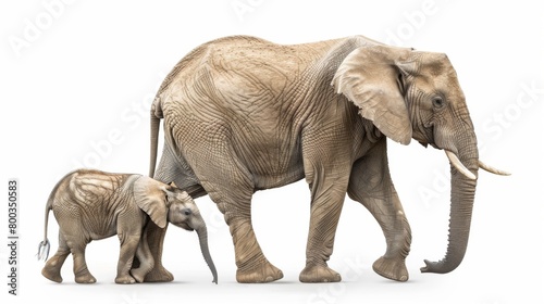 An adult elephant and its calf isolated on a white background, showcasing their bond and family units of these majestic creatures
