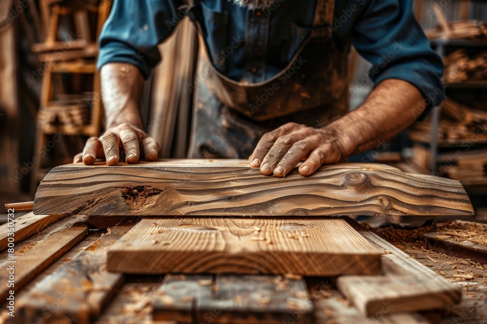 African American furniture maker in the process of assembling a piece, Focused male woodworker, apron, sands down sculpted wooden plank, hands show detail, care, surrounded by woodworking tools. African American furniture maker in the process of assembling a piece, Focused male woodworker, apron, sands down sculpted wooden plank, hands show detail, care, surrounded by woodworking tools.