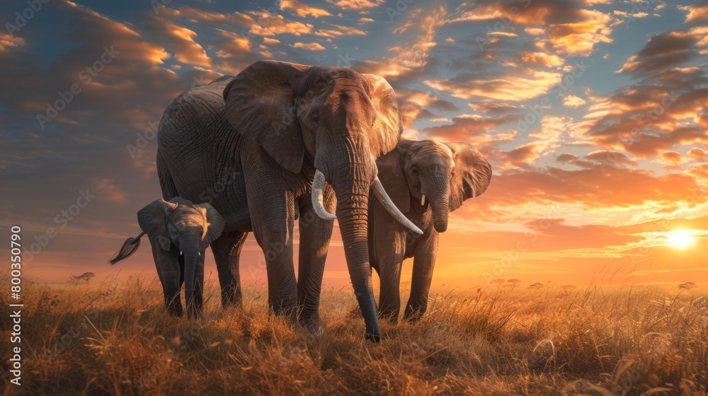 Fototapeta premium A stunning vista of a family of elephants under a breathtaking sunset sky, emphasizing the beauty of wildlife