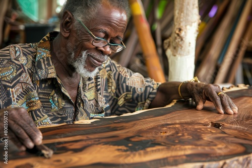 African American furniture maker in the process of assembling a piece, Elder artisan, vibrant shirt, glasses, enjoys woodworking with a young apprentice in a rustic shop.