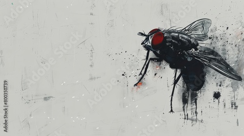   A painting of a fly atop a paper smattered with paint splatters photo