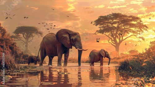 A majestic elephant with its young crosses a calm river in the glowing light of a savanna sunset, encapsulating a moment of peace and natural beauty