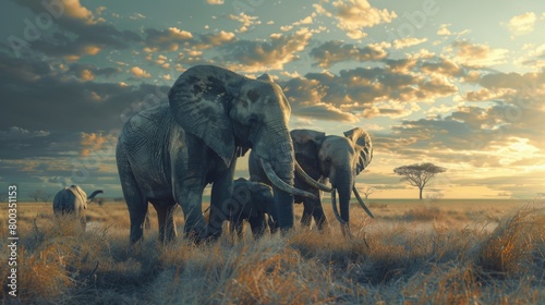 An elephant family peacefully enjoys a moment of bonding in the golden light of the sunset across the African savanna