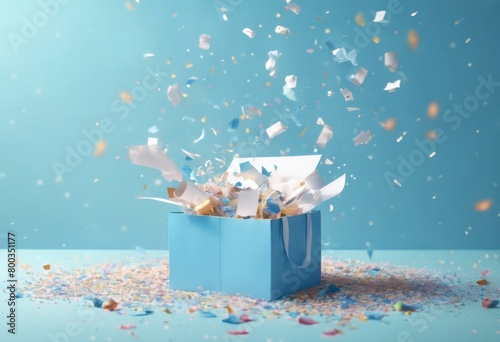 'bag confetti Winter shopping abstract concept background. flying space white blue design box pastel 3D Copy rendering gift creative text area. shop sale three-dimensional a'