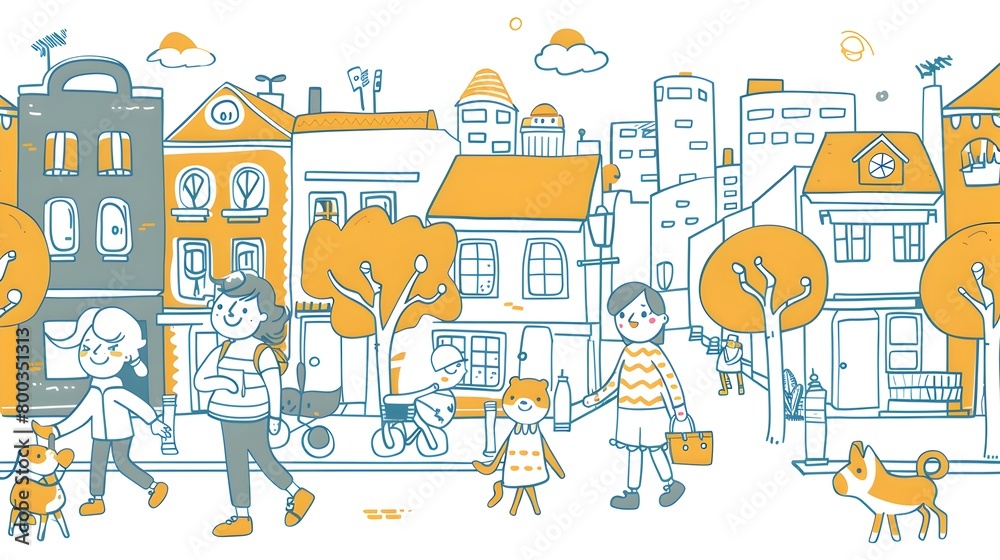 Charming Cartoon Street Scene with Busy Townspeople and Pets Going About Their Daily Routines
