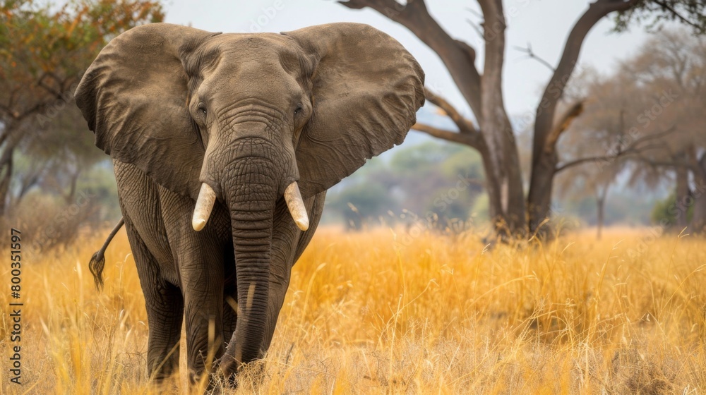 Obraz premium A lone elephant roams the savannah, perfectly blending with the golden yellow grasses under a soft sky