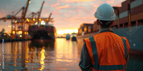 A middle-aged worker in an orange vest and helmet is watching the loading of cargo containers onto ships at sunset, with his face focused on the camera