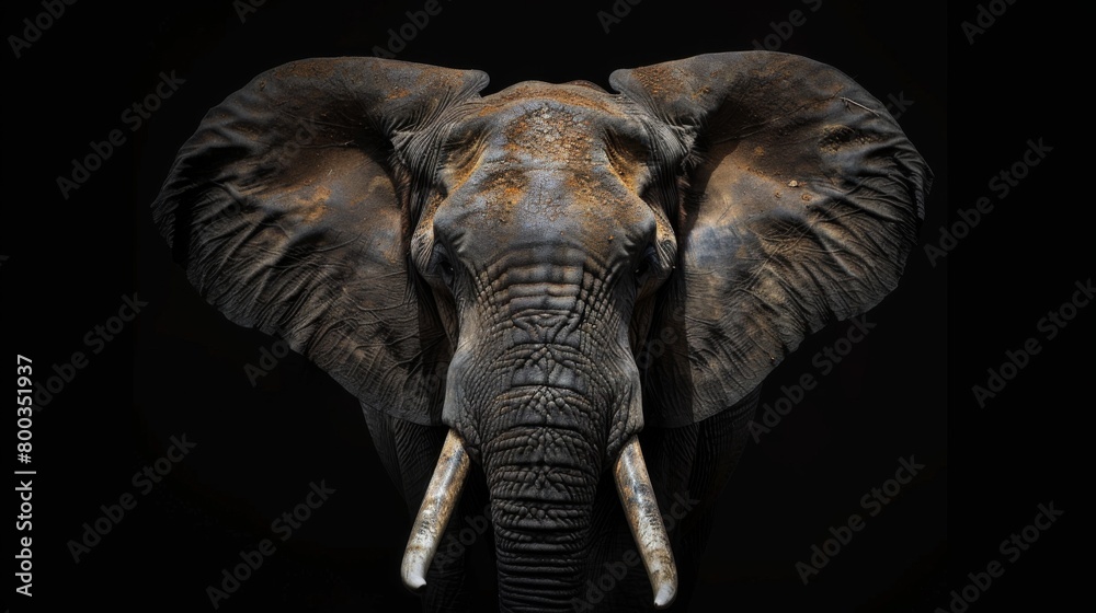 Fototapeta premium A striking front view of an African Elephant, showcasing its impressive tusks and textured skin against a dark background