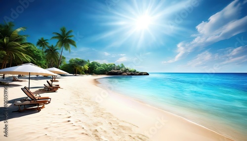 beach with white sand and umbrellas. sea tropical paradise.