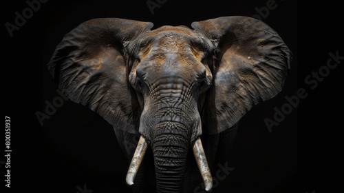 A striking front view of an African Elephant  showcasing its impressive tusks and textured skin against a dark background