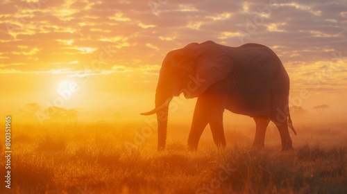 A serene elephant walks gently across the misty savannah as the sun rises, casting a soft ethereal glow over the landscape