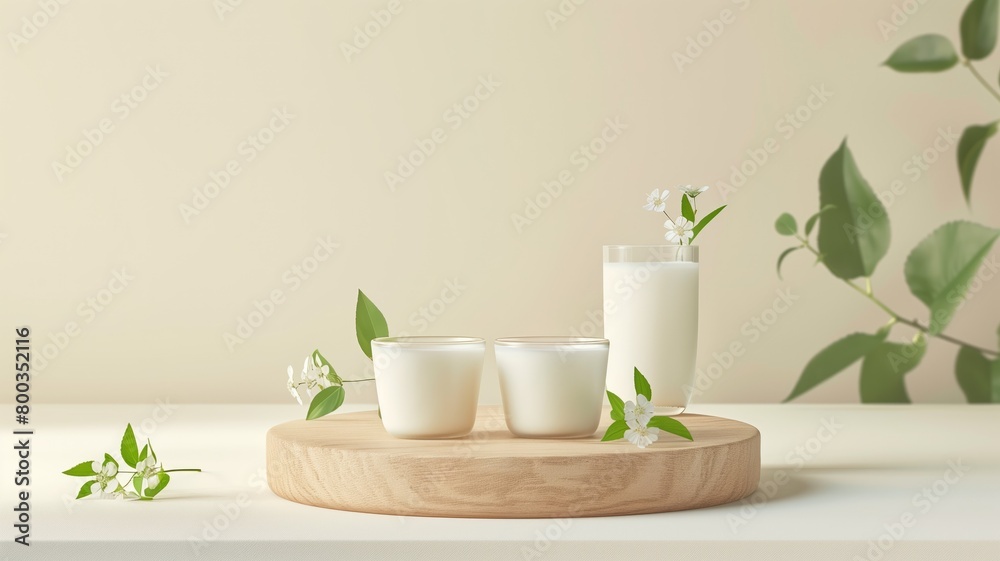 Milk glasses on a wooden podium with flowers and leaves. Milk glasses on a wooden podium with flowers and leaves.