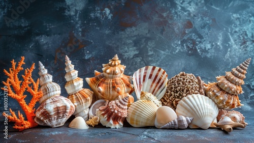 Seashell display with coral on a dark textured background. photo