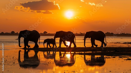 A spectacular view of a herd of elephants walking with their reflection in the water during sunset