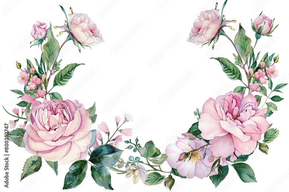 Watercolor invitation design with pink garden roses, leaves. frame, wreath with flowers, herbs. botanic