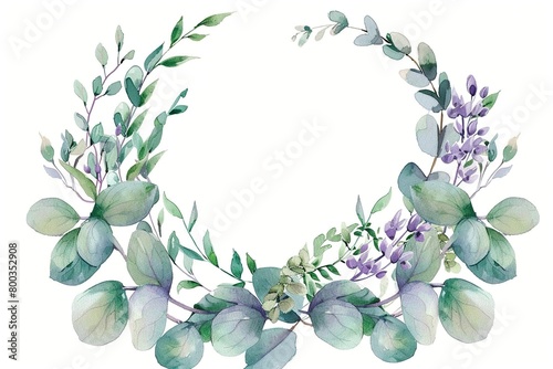 Watercolor vector wreath with green eucalyptus leaves  purple flowers and branches.