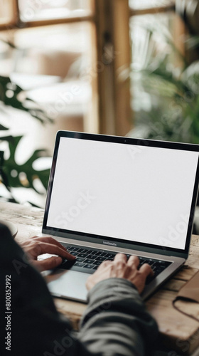 Business person working online or learning using laptop mock up blank white empty screen, hands typing on computer background close up view. Mockup display for ads. Close up view.