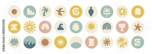 Boho groovy palm tree beach sun sea stickers. Surf club vacation and sunny summer day aesthetic. Vector illustration background in trendy retro naive simple style. Pastel yellow blue braun colors. (ID: 800353304)