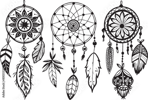 Set of dreamcatchers in black and white. Vector illustration.