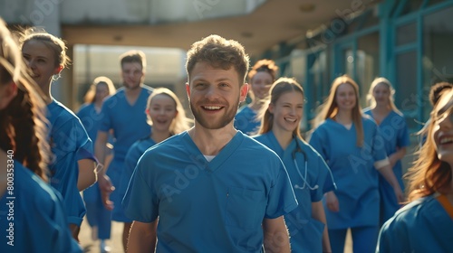 Smiling male nurse leading team of healthcare professionals outside hospital