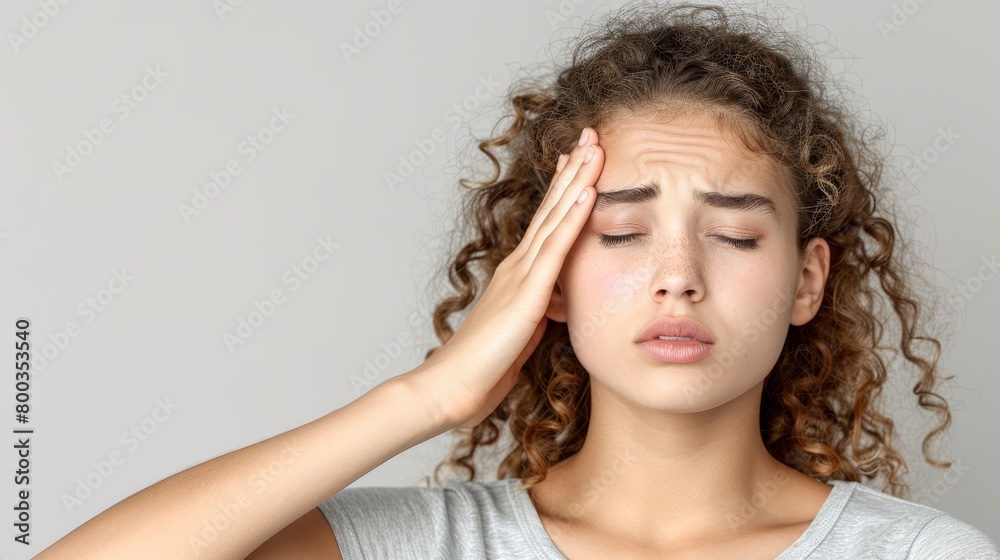   A woman with hands cupping her head, eyes shut