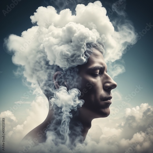 man with smoke in his head and clouds surrounding him.