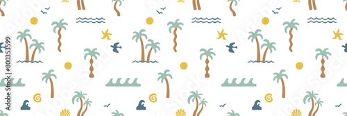 Boho groovy palm tree beach sun sea seamless pattern. Surf club vacation and sunny summer day aesthetic. Vector illustration background in trendy retro naive style. Pastel yellow blue braun colors. (ID: 800353599)