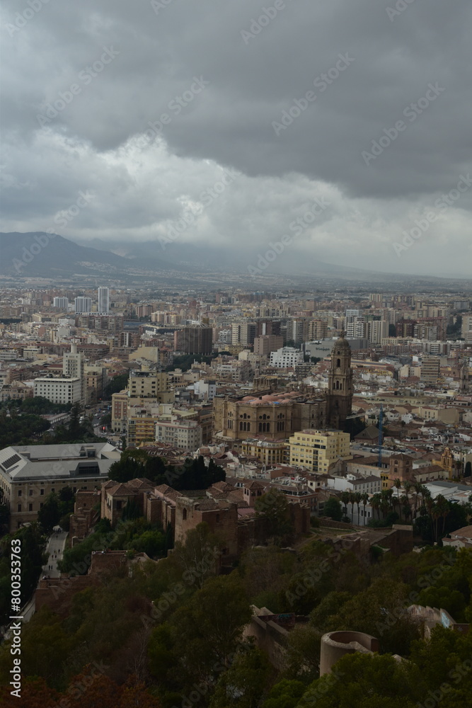 Aerial view of Malaga Spain with buildings and landmarks. 