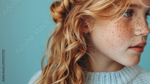  A tight shot of a young girl's face, adorned with freckles dotting her complexion Her unruly locks frame her pretty visage, cascading fre