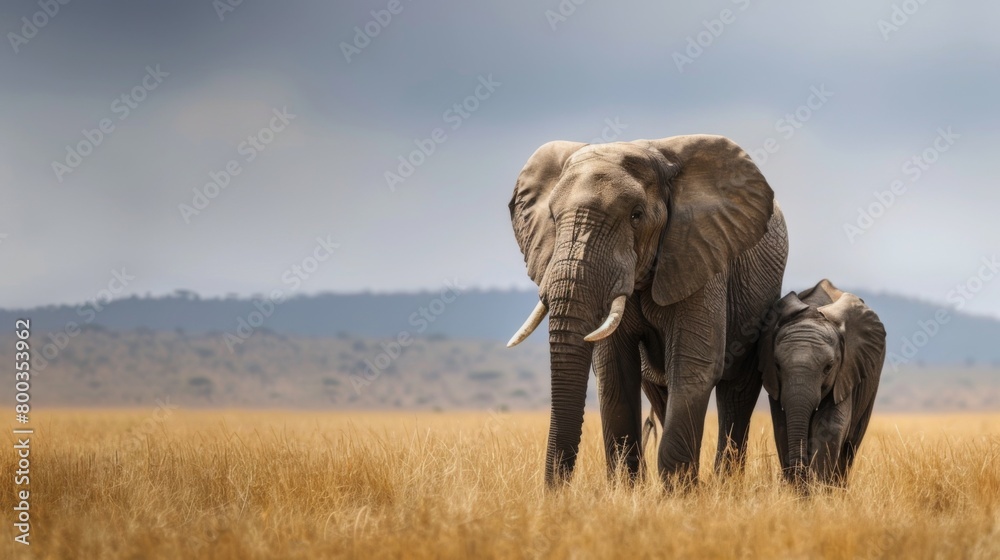 Fototapeta premium A tranquil scene of an adult elephant with its calf amidst the tall savannah grass, demonstrating the serene side of wildlife