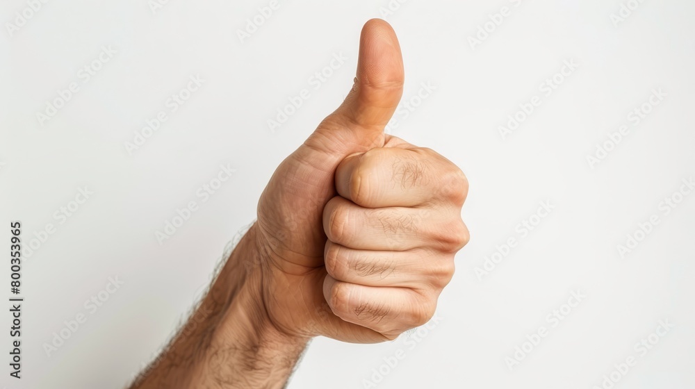   A man's hand with a thumbs-up against a white backdrop Background consists of a white wall