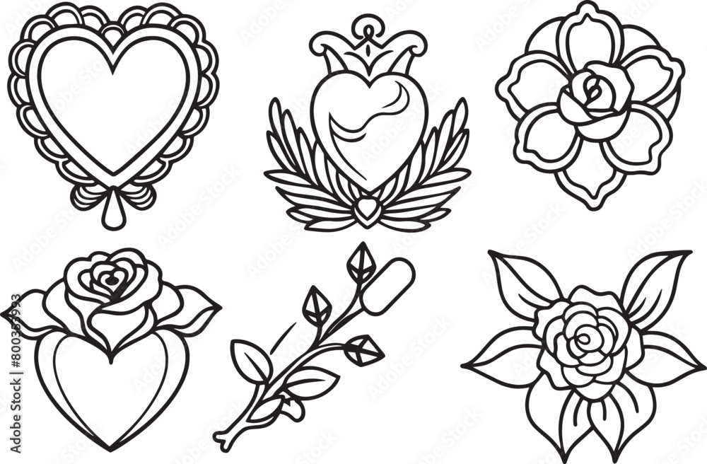 Vector set of hand drawn doodle hearts, roses, leaves and branches. Vector set of hand drawn doodle hearts, roses, leaves and branches.