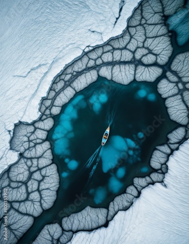 boat is seen from above, floating in the center of a frozen lake. The lake is full of cracks and the ice is melting, revealing blue water.