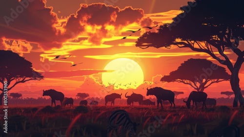 A vibrant sunset with silhouettes of African wildlife  capturing the essence of life in the savannah during twilight