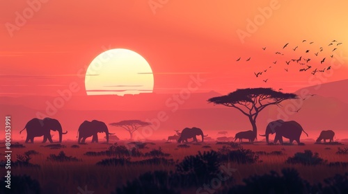 Herd of elephants in silhouette against a large  radiant sun setting in the horizon  symbolizing freedom and the circle of life