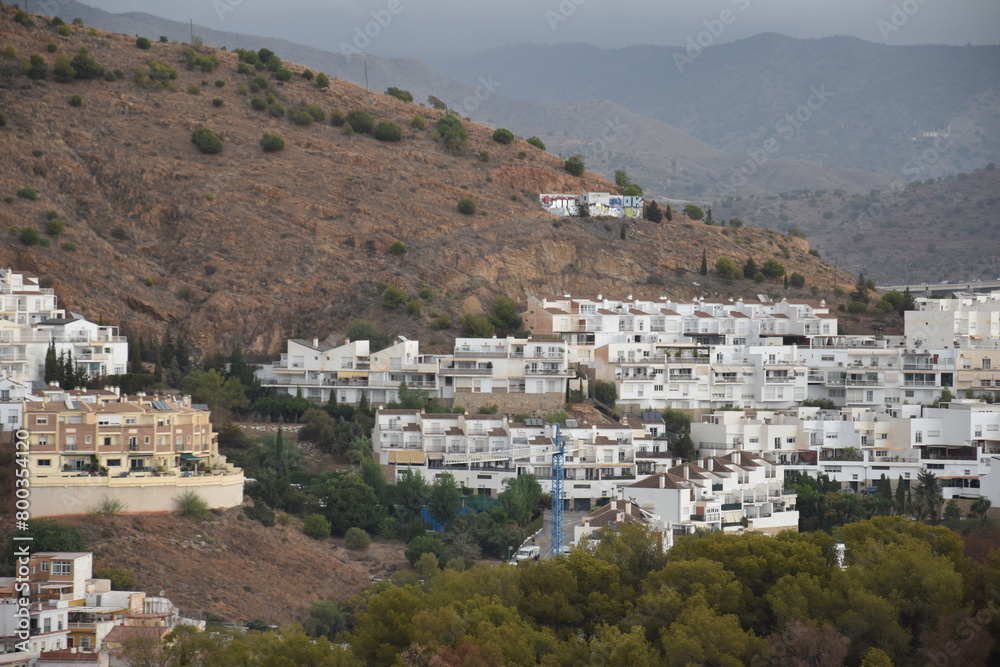 Aerial view of Malaga Spain with buildings and landmarks. 