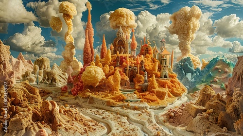 A depiction of a surreal landscape made entirely of various crumbs forming different terrains