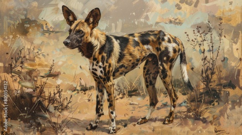 Highly textured painting of an African wild dog in a dynamic, brush stroke filled environment