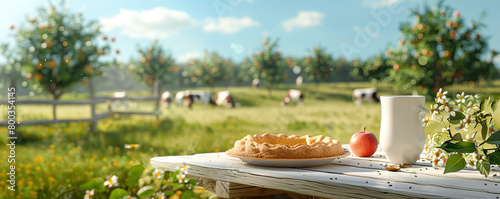 Close-up auf einen Tisch mit Kuchen, Apfel und einen Krug mit Milch. Ländliche Landschaft mit Kühen im Hintergrund. Produktpräsentation mit Textfreiraum. Panorama Banner Format © Carmen Steiner