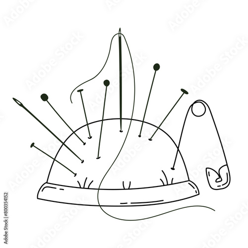 Monochrome image, soft pillow for pins and needles. Illustration in cartoon style on white background.