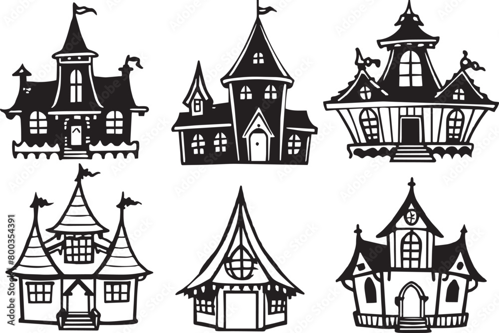  Set of Halloween Houses - Black and White Vector Illustrations.