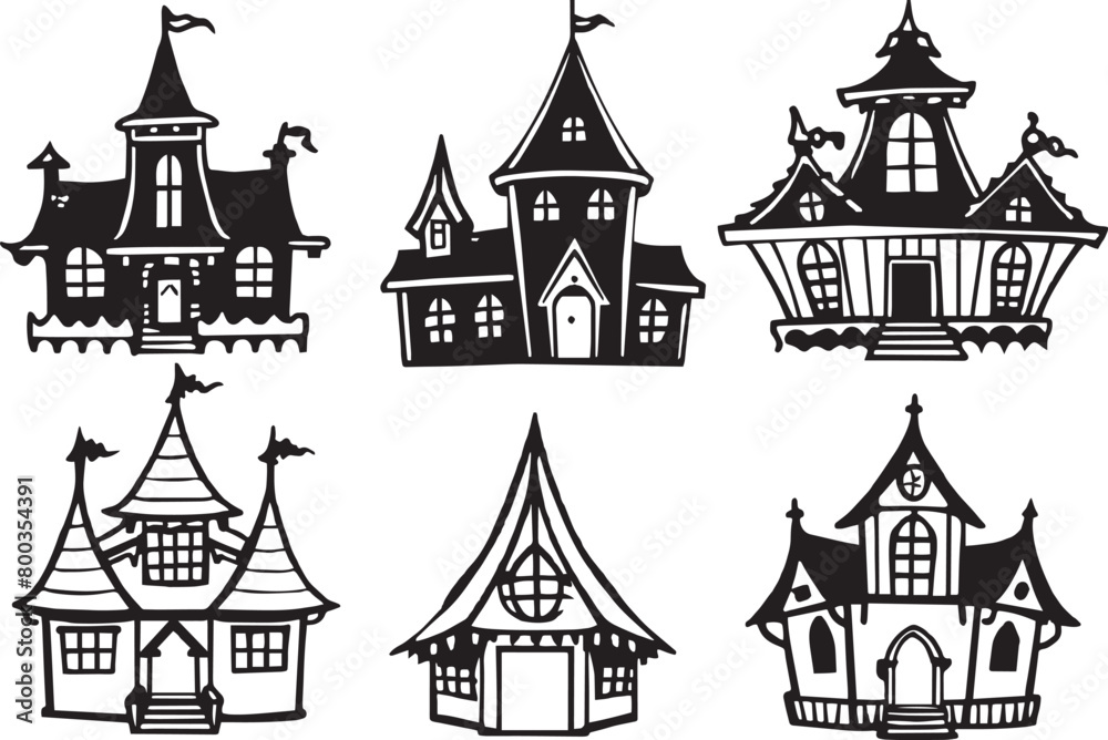 Set of Halloween Houses - Black and White Vector Illustrations. Set of Halloween Houses - Black and White Vector Illustrations.