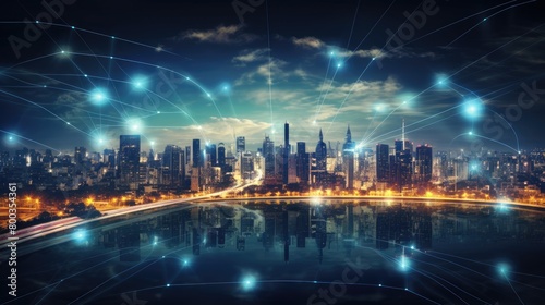 Smart city and wireless communication network concept. Digital network connection lines. Internet of Things and Information Communication Network concept.