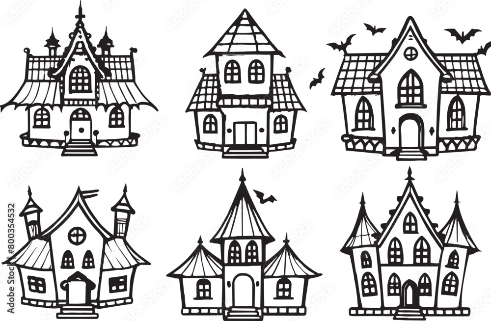 Halloween House Set - Black and White Vector Illustration