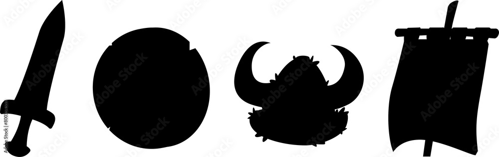Viking game assets set isolated on black background. Vector cartoon illustration of sharp ancient sword, wooden shield, fur helmet with horns and sail with Scandinavian symbol, ui design elements Viking game assets set isolated on black background. Vector cartoon illustration of sharp ancient sword, wooden shield, fur helmet with horns and sail with Scandinavian symbol, ui design elements