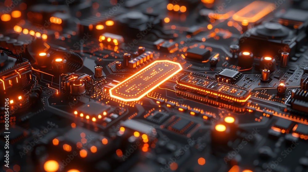 An orange glowing futuristic motherboard. The intricate details of the circuitry are illuminated, creating a mesmerizing display of technology and innovation. An orange glowing futuristic motherboard. The intricate details of the circuitry are illuminated, creating a mesmerizing display of technology and innovation.