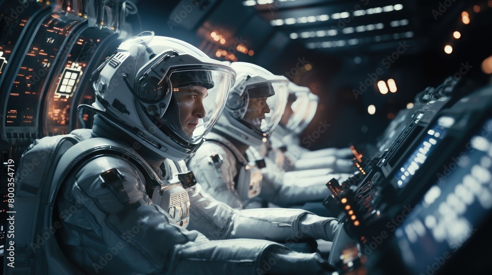 Team of astronauts in a space suits aboard the orbital station. A crew ...