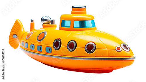 A yellow toy submarine with a big smile on its face on transparent background
