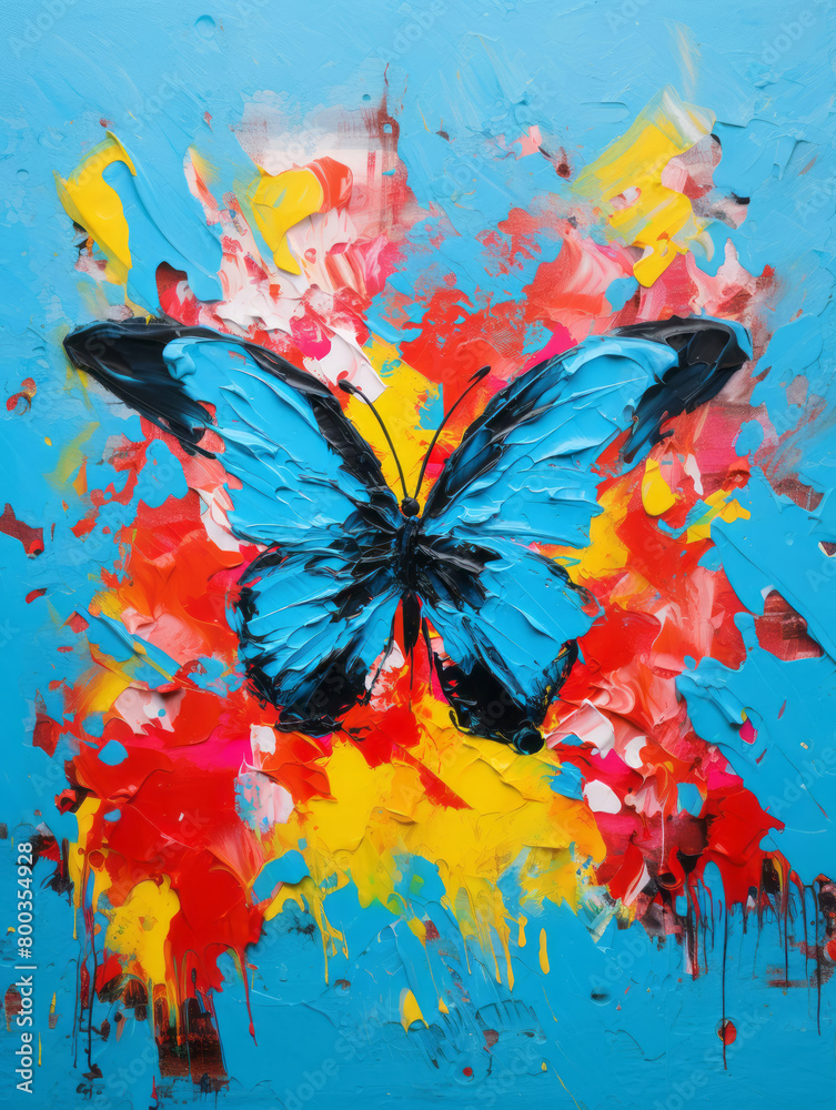 Blue butterfly on red background impasto oil painting. Acryl illustration for poster, banner, print. 
